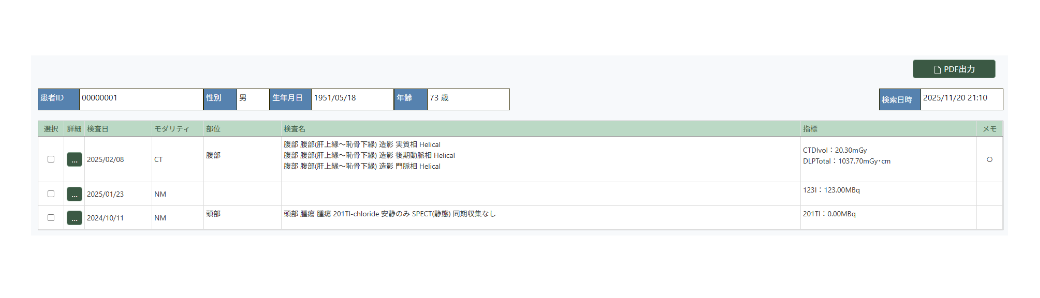 患者ごとの医療被ばくデータの一覧表示